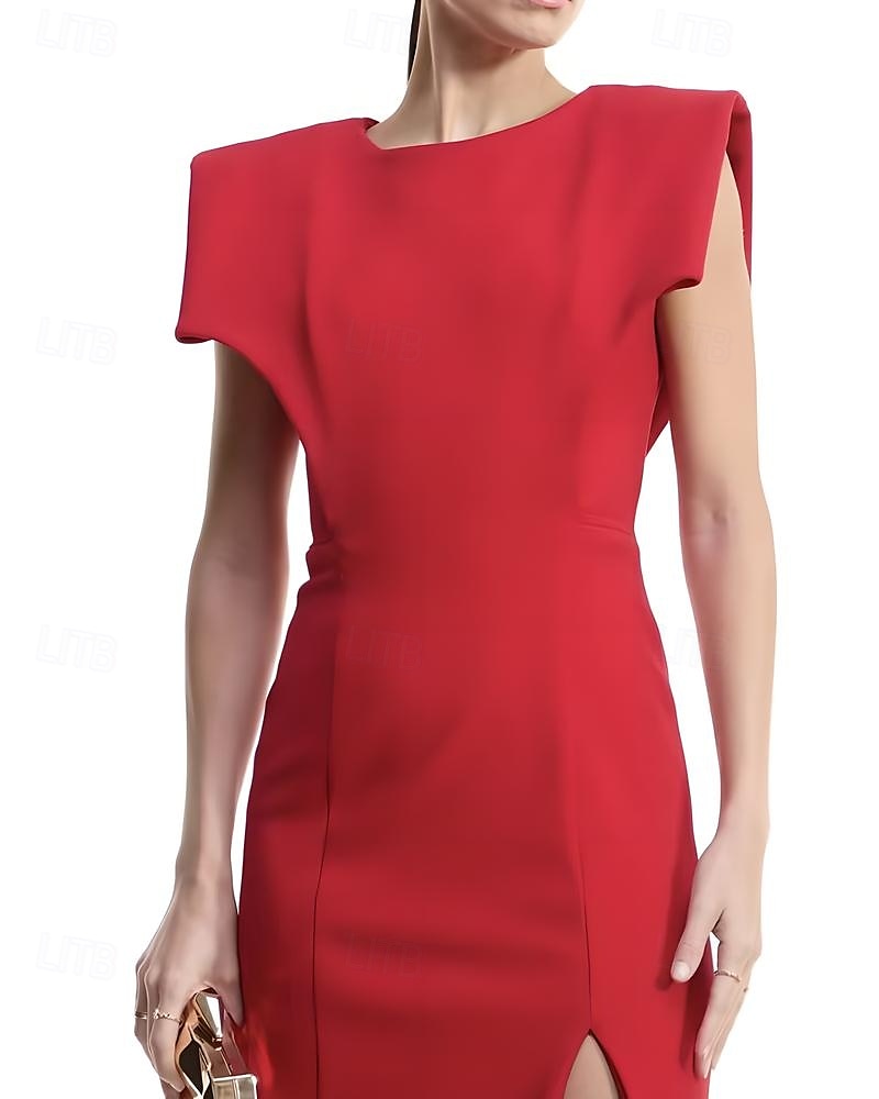 Abiti da Cocktail A-Line Abito Elegante Matrimonio Formale Lunghezza Tè Senza Maniche Collo a Giro Abito Rosso Crepe Elastico del 2025 a $144.99 –P2