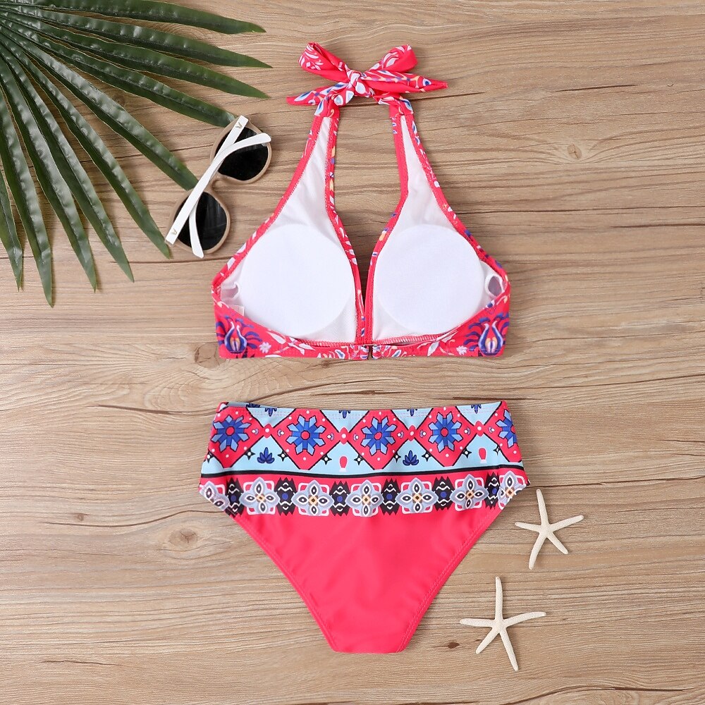 Dam Badkläder Bikini Tankini 2 st Kaxig Baddräkt Djup V-hals Tryck upp Stickat Semester Tropisk Blommig Färgblock Doppa Ärmlös Baddräkter 2025 - $22.99 –P3
