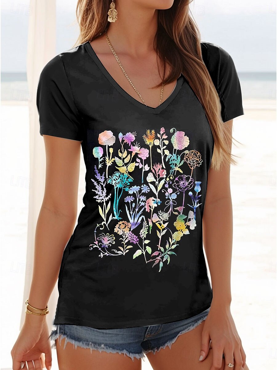 Pentru femei Tricou Floral Grafic Casual Manșon scurt În V Topuri obișnuite Zilnic Imprimeu Negru Vară Primăvară 2025 - $19.99 –P1