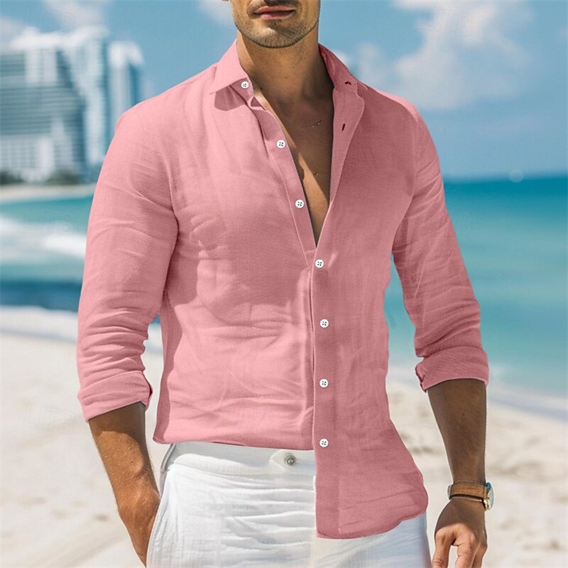 Herrenhemd Leinenhemd Sommerhemd Strandkleidung Button-Up-Hemd Einfarbig Urlaub Freizeit Schwarz Weiß Rosa Blau Langarm Kragen Frühling & Sommer Kleidung 2025 - $23.99 –P1
