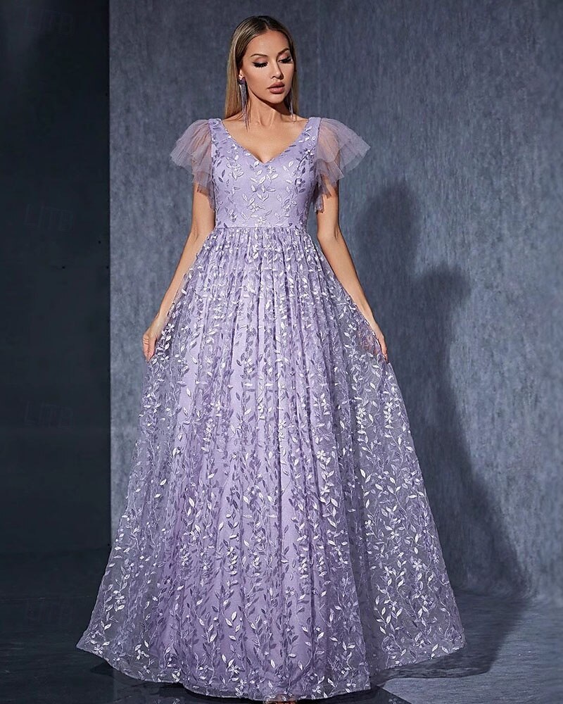 Kleid Mutter der Braut Kleid elegantes lässiges V-Ausschnitt bodenlang Polyester Kurzarm mit Blume 2025 - $104.99 –P1