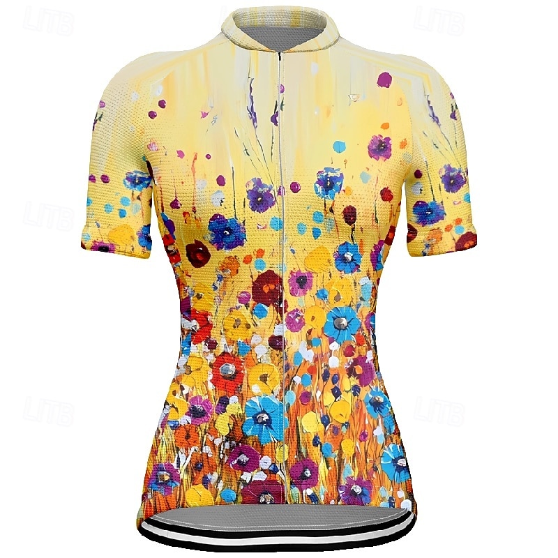 Dame Sykkeltrøyer Blomsternål i krystall Kortermet Sykkel T-skjorte Jersey med 3 baklommer Fjellsykling Hurtigtørkende Anatomisk design Vidje Pustende sport Gul Blå Oransje Klær 2026 - $23.99 –P5
