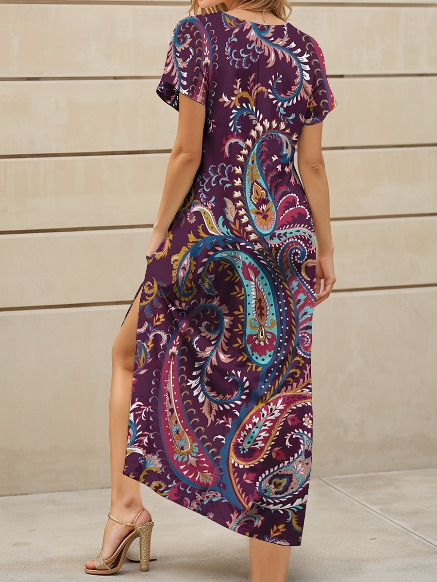 Women's Maxi Dress Casual Dress Sundress A Line Dress Summer Dress Vacation Vintage Stylish Vacation Daily Regular Fit Graphic Paisley Bohemian Short Sleeve V Neck Purple Summer 2025 - $28.99 –P2