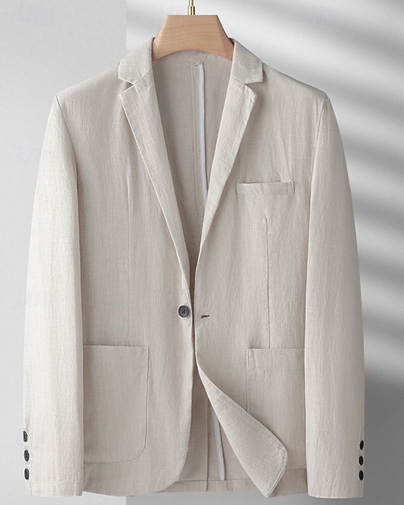 2025年 男性用 リネンブレザー ブレザー バケーション 祝日 ウェディングパーティー ファッション ライトウェイト 春 & 秋 ポリエステル リネン 平織り ポケット ボタン 快適 シングルブレスト 一つボタン ブレザー ブラック バーガンディー ダークネイビー アーミーグリーン  コレクション – $52.99 –P2