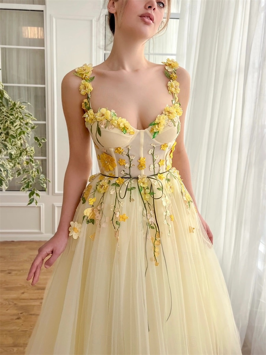 Šaty Quinceanera A-Line máslově žluté šaty svatba svatební host čajové délky bez rukávů čtvercový výstřih s květinovými krajkovými aplikacemi tylu 2025 - $149.99 –P3