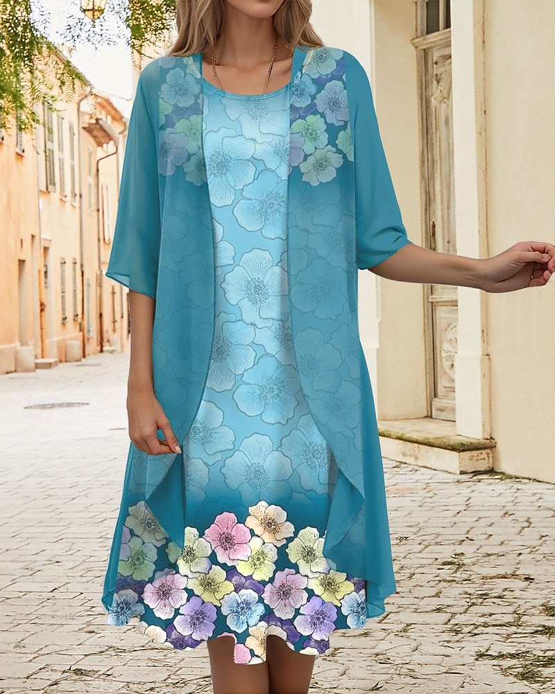 Kvinnors Studentklänning Midi Klänning 2 Delar Klänningsset A-linje Klänning Semester Avslappnad Blomster Grafisk Tryck Halvlång ärm Crew Hals Daglig Rosa Blå Grön Sommar Vår Löst Fit 2025 - $36.99 –P2