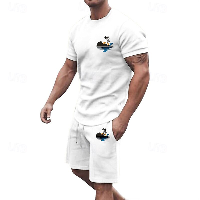 Herr T-shirtkostymer 2 delar outfits T-shirt och shorts Kortärmad Rund hals Sommar Kokosnötsträd Mode Ledigt 2 st Semester Dagliga kläder Utekväll Svart Vit Gul Topp t-shirt för män 2025 - $25.99 –P8