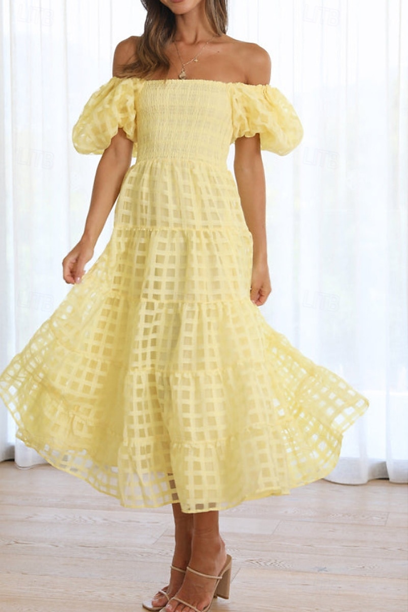 Women's Midi Dress Graduation Dress Fashion Modern Lantern Sleeve Vacation Graduation Weekend Regular Fit Plain Short Sleeve Off Shoulder Black White Yellow Pink Summer 2025 - $27.99 –P16