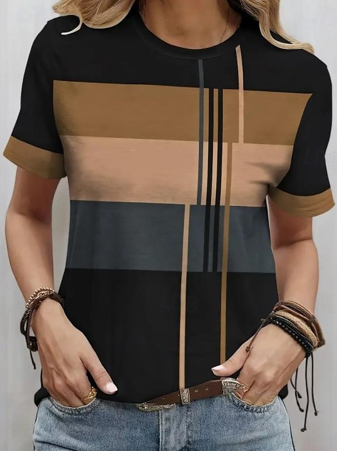 Damskie Podkoszulek Geometryczny Prążki Codzienny Krótki rękaw Okrągły dekolt Zwykłe topy Codzienny Wyjściowe Weekend Nadruk Niebieski Khaki Lato 2025 - $19.99 –P1