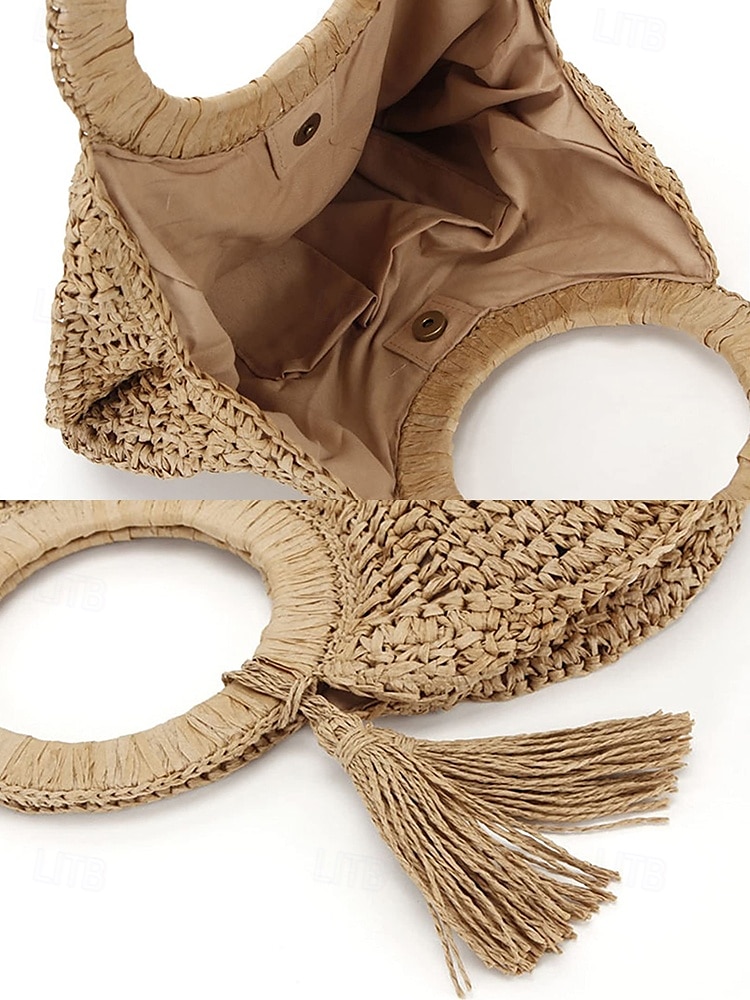 Women's Large Capacity Handmade Woven Straw Round Tote Bag - Bohemian Beach Tote with Tassels, Summer Vacation Rattan Wallet for Travel, Shopping and Vacation Brown Beige 2025 - $24.99 –P7