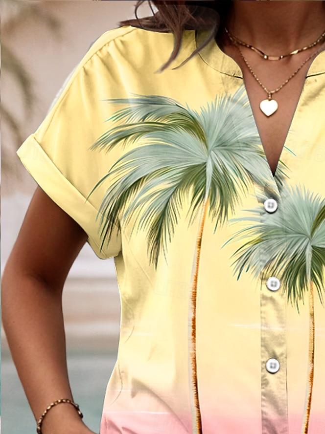 Cammicia da donna V Neck Button Down Blusa Top Estivi Ombre Grafica Albero Tropicale Quotidiana Hawaiian Manica Corto Collo Regolari Top Quotidiani Bottoni Stampa Gialla Estate del 2026 a $33.99 –P3
