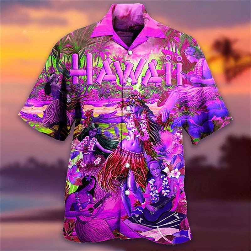 Voor heren Brief Tribal Landschap Overhemd Hawaiiaans overhemd Kampshirt Korte mouw Overhemd Strijkijzer Modieus Ontwerper Casual Straat Casual Dagelijks Geel Paars Oranje S M L 2025 - $24.99 –P3