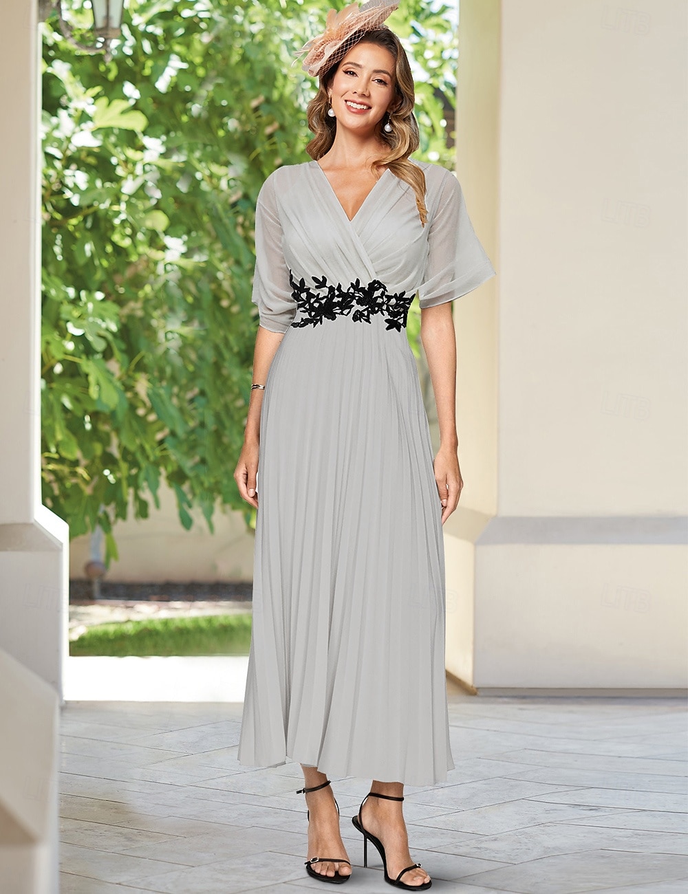 A-line šaty matky nevěsty elegantní vintage jednoduché v-krk podlahové délky šifonové krátké rukávy s krajkovou aplikací sklady zřasené 2025 - $172.99 –P4