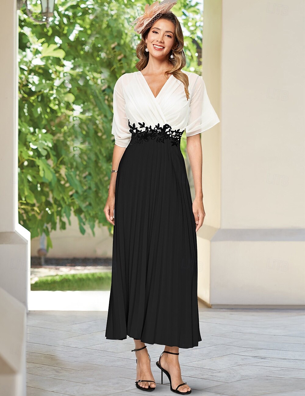 A-line šaty matky nevěsty elegantní vintage jednoduché v-krk podlahové délky šifonové krátké rukávy s krajkovou aplikací sklady zřasené 2025 - $172.99 –P1