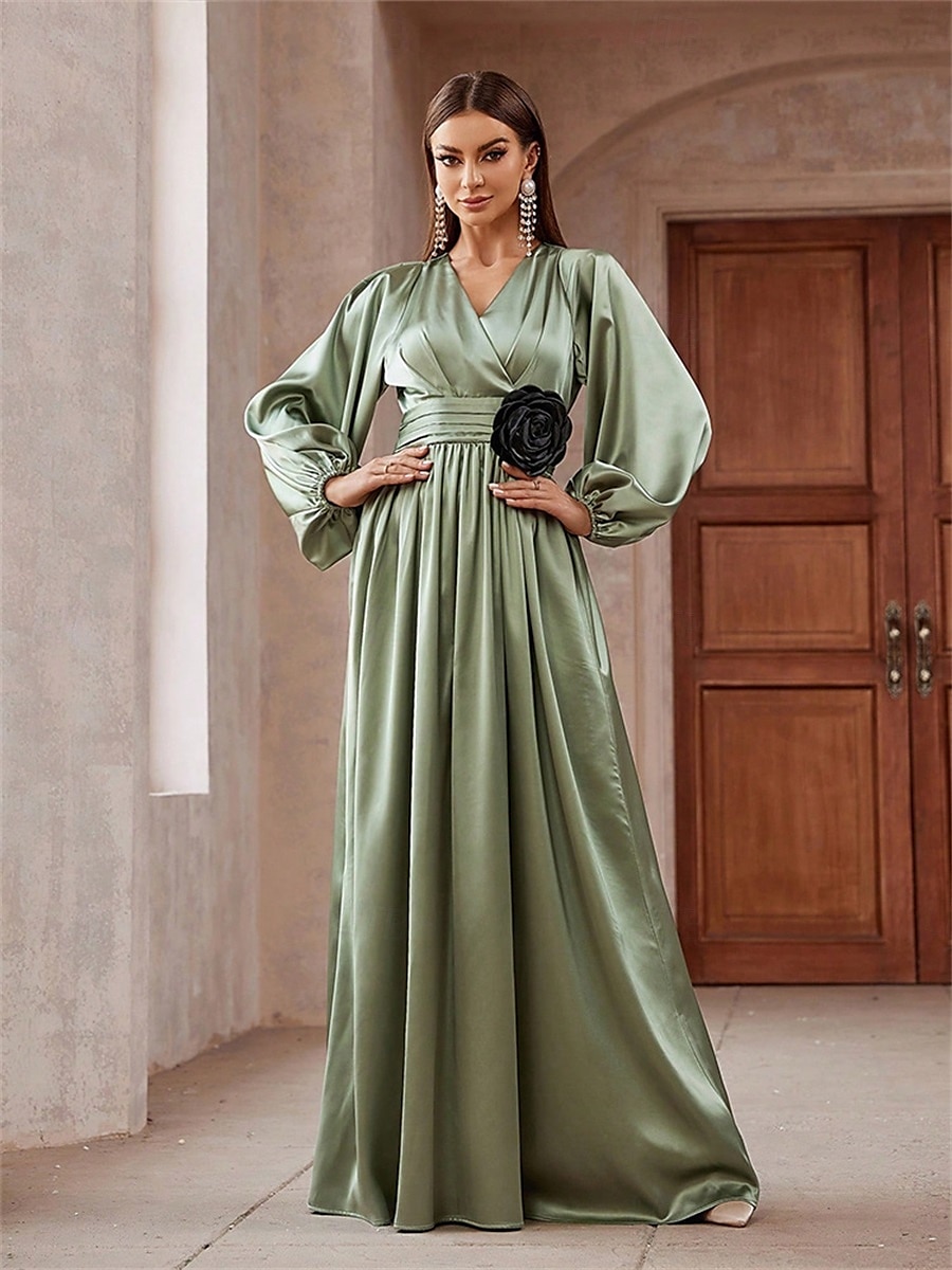 A-Linjet Quinceanera Klänningar Elegant Klänning Bröllop Bröllopsgäst Golvlängd Lång Ärmar V-Hals Polyester Med Fållar 2025 - $89.99 –P1