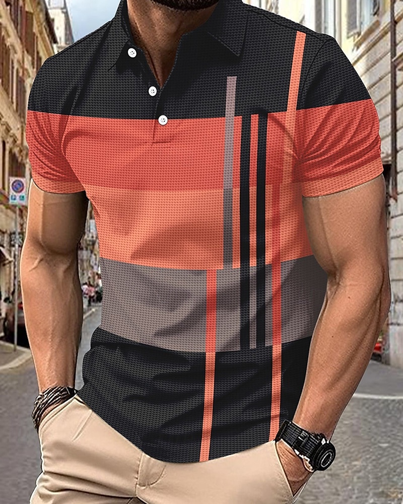 Herr Golftröja Golf pikétröjor Arbete Ledigt Kavajslag Kortärmad Grundläggande Modern Rand Lappverk Knappar Sommar Normal Rosa + Orange Mörkrosa Blå Purpur Orange Grön Golftröja 2025 - GBP £18 –P9