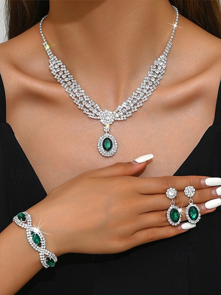 Ensemble de bijoux de luxe en cristal vert pour femmes – collier élégant, bracelet et boucles d'oreilles, accessoires de mariage en strass pour fêtes et événements formels de 2025 ? $14.99 –P2