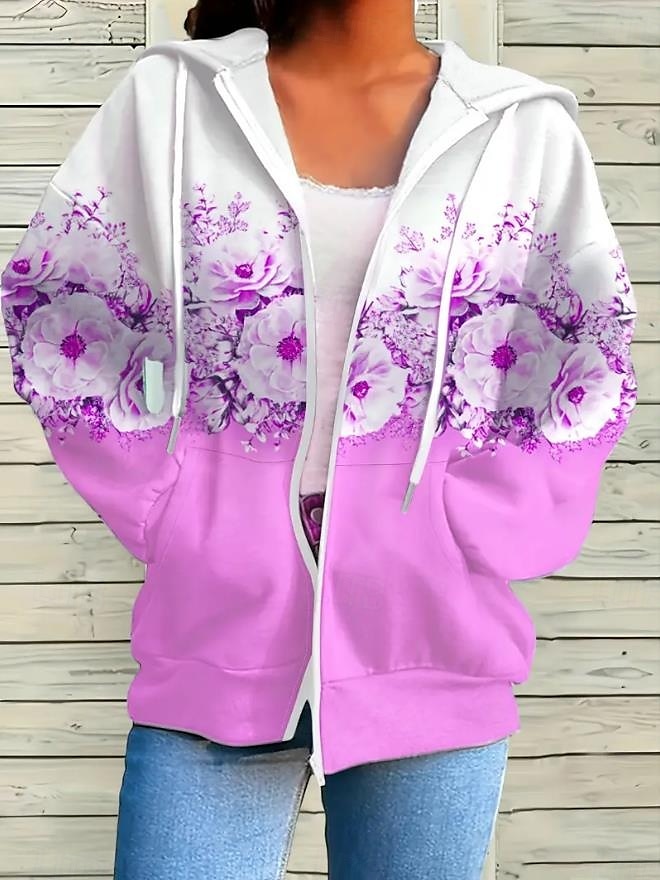 Kobieca bluza z zamkiem błyskawicznym oversize kwiatowa active vintage sportowa długi rękaw kaptur regularne bluzki casualowe wakacyjne z regulacją kieszeń z przodu różowy niebieski fuksja zielony 2025 - $24.99 –P7