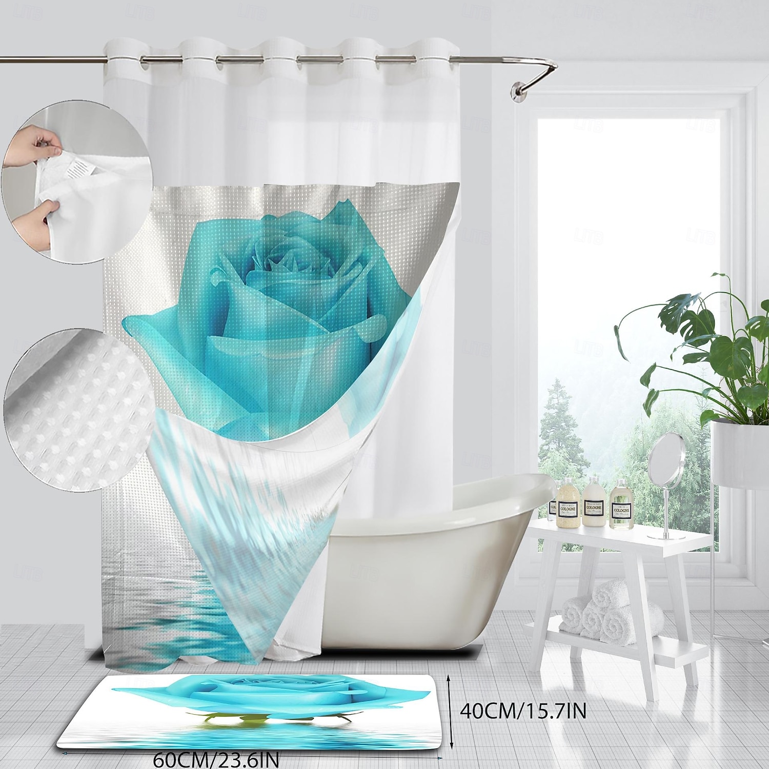 Ensemble de rideaux de douche à motifs floraux en tissu gaufré avec doublure snap-in et fenêtre transparente polyester déperlant haut avec œillets sans crochet rideau de séparation de salle de bain de 2025 ? $41.99 –P9