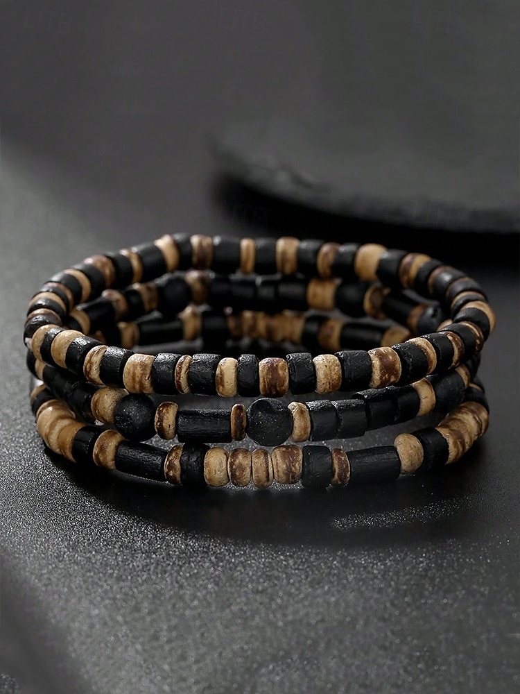 Juego de pulseras de cuentas de piedra natural hechas a mano para hombre: pulsera de madera y turquesa estilo bohemio surfista, joyería tribal ajustable para playa, viajes y ropa informal. 2025 - $9.99 –P2