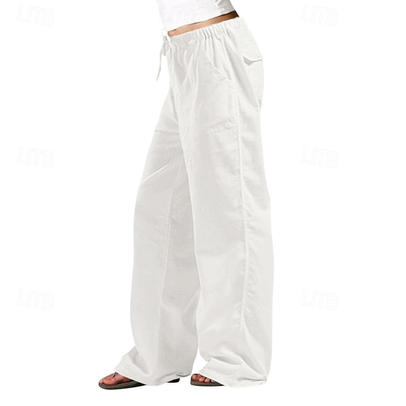 Women's Cotton Linen Pants Slacks Streetwear Casual Full Length Natural Plain Pocket Elastic Drawstring Design Outdoor Comfortable Daily Wear Going out Depression Green Dark Brown Light Sky Blue Navy 2025 - $23.99 –P3