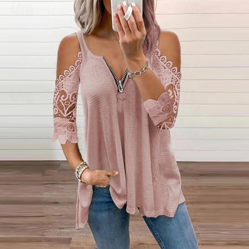 Damen Bluse Einfach Modern Lässig Dreiviertelarm V Ausschnitt Normale Oberteile Täglich Ausgehen Reißverschluss Ausschnitt Schwarz Weiß Rosa Blau Grau Sommer 2025 - $22.99 –P6