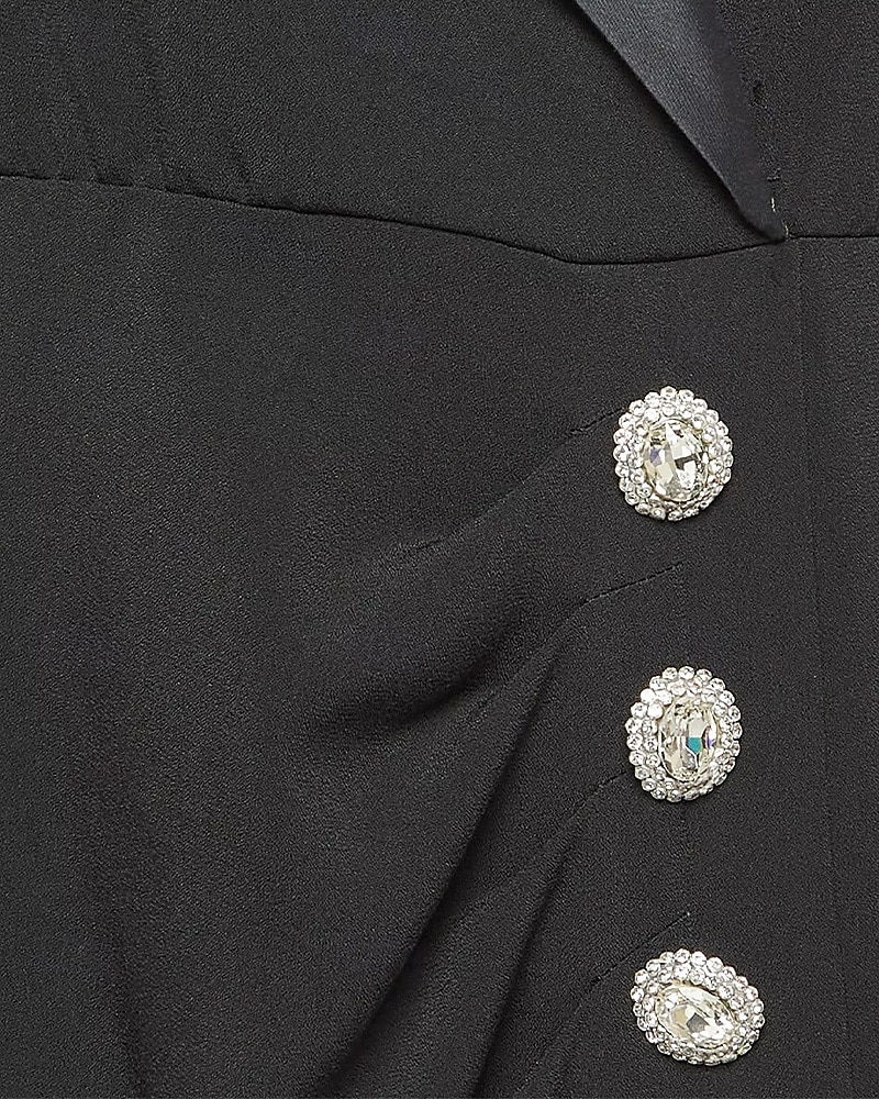 Robe de mère de la mariée sirène / trompette élégante à col en V fendu jusqu'au sol en satin crêpe léger manches bouffantes boutons en cristal avec fente 2025 de 2025 ? $110.99 -P4