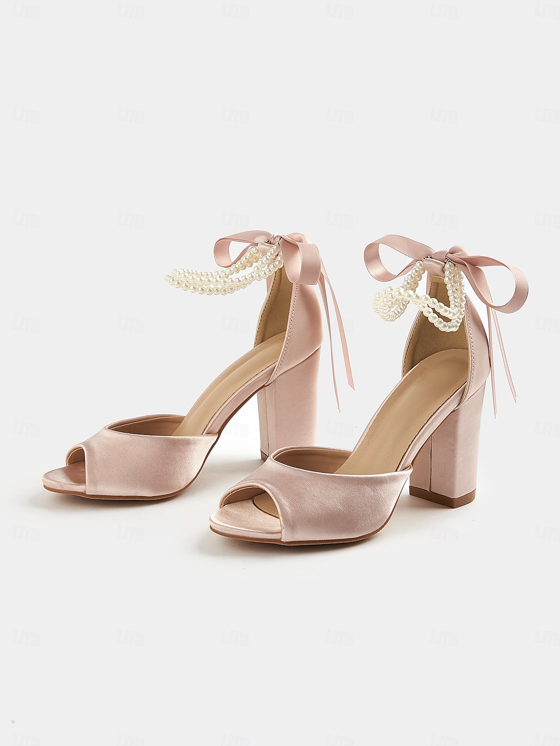 Sandalias de satén con punta abierta y tacón cuadrado para mujer con tira de perla en el tobillo: elegantes zapatos de cóctel. 2025 - $42.99 –P2