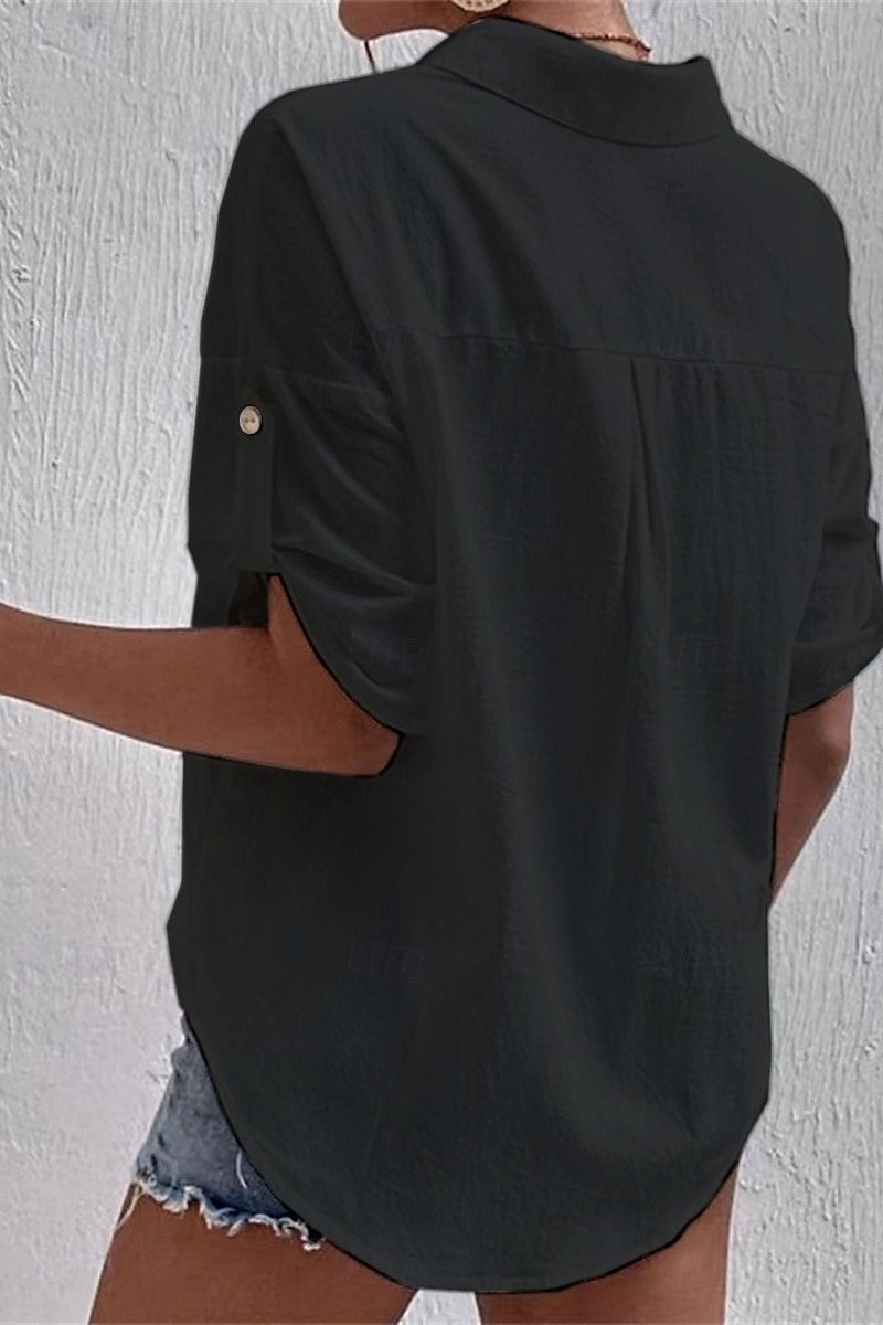 Damen Hemd Baumwoll-Leinen-Hemden Knopfleiste Bluse Einfach Basic Lässig Kurzarm Hemdkragen Normale Oberteile Ferien Ausgehen Knöpfe Tasche Schwarz Weiß Marineblau Khaki Grau Sommer 2025 - $21.99 –P20