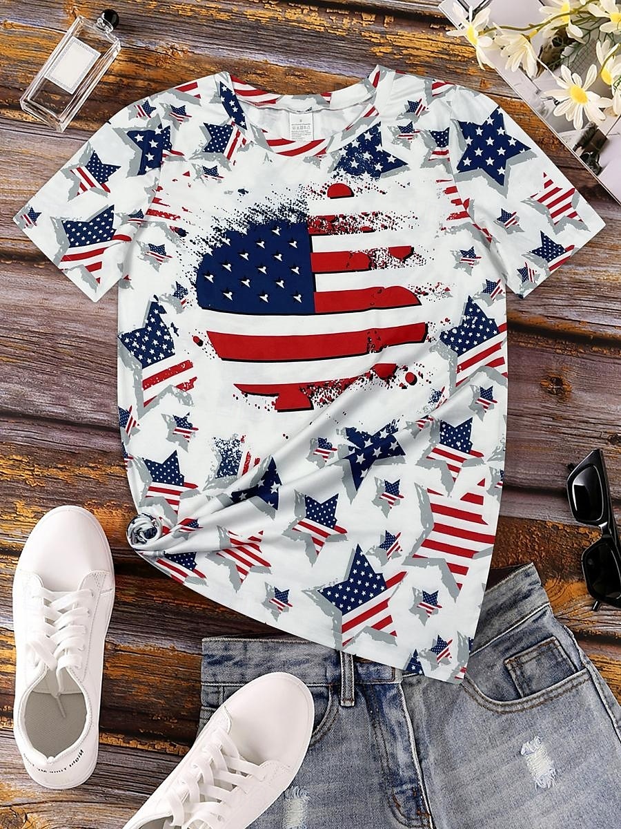 Tricou Patriotic pentru Femei cu Grafic Steag Steag Casual Roșu Alb și Albastru cu Mâneci Scurte Guler Rotund Regulamentar pentru Imprintat Zilnic Roșu Vara 2025 - $19.99 –P3