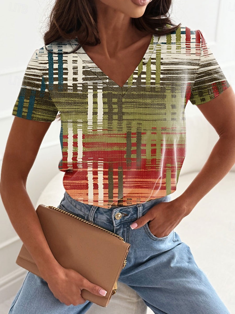 Damskie Podkoszulek Graficzny Geometryczny Codzienny Krótki rękaw W serek Zwykłe topy Codzienny Nadruk Rumiany róż Niebieski Zielony Lato Wiosna 2025 - $19.99 –P1