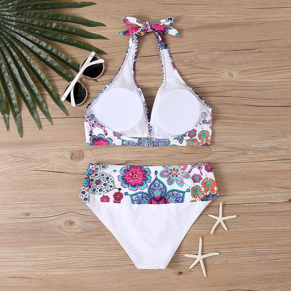 Dam Badkläder Bikini Tankini 2 st Kaxig Baddräkt Djup V-hals Tryck upp Stickat Semester Tropisk Blommig Färgblock Doppa Ärmlös Baddräkter 2025 - $22.99 –P1