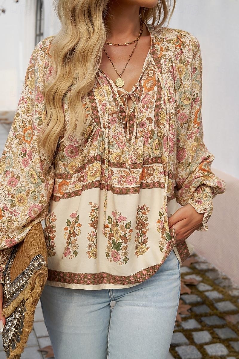 Dame Skjorte Bluse Blomsternål i krystall Daglig Stilfull Fritid Langermet V-hals Vanlige topper Daglig Ferie Trykt mønster Rosa Navyblå Blå Aprikos Vår 2025 - $29.99 –P18