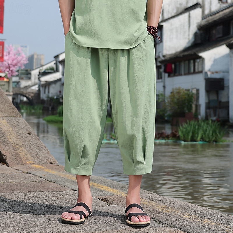 Men's Capri Pants Shorts Linen Shorts Summer Shorts Beach Shorts Drawstring Elastic Waist Baggy Plain Comfort Breathable Calf-Length Outdoor Casual Daily Fashion Retro Vintage Black White 2025 - $24.99 –P8