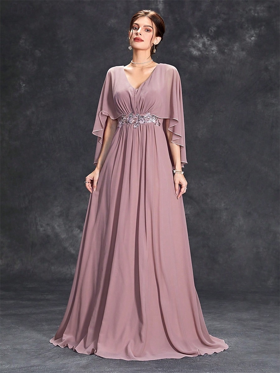 Dress Mother of the Bride Dress Elegant Party V Neck Floor Length Polyester Half Sleeve with Appliques 2025 2025 - $82.99 –P7