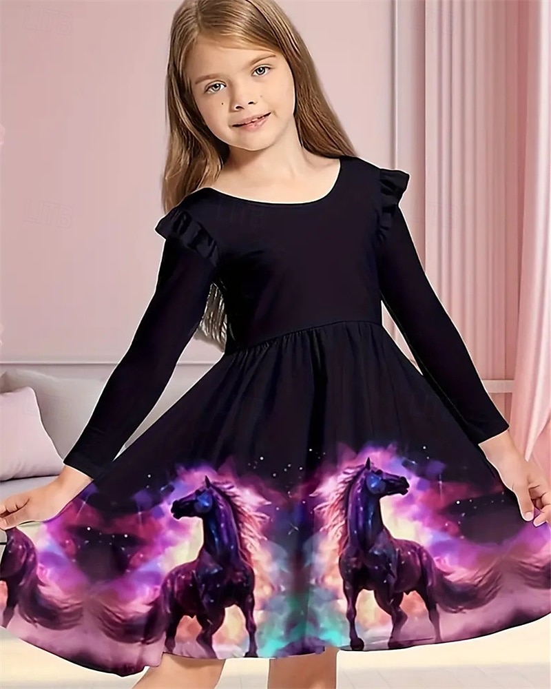 2025年 女子 3D 馬 ドレス ラッフルドレス 長袖 夏 春 バケーション 日常 祝日 プリンセス 美しい 甘い 子供 4〜12年 カジュアルドレス A ラインドレス 膝丈 レギュラー コレクション – $15.99 –P10