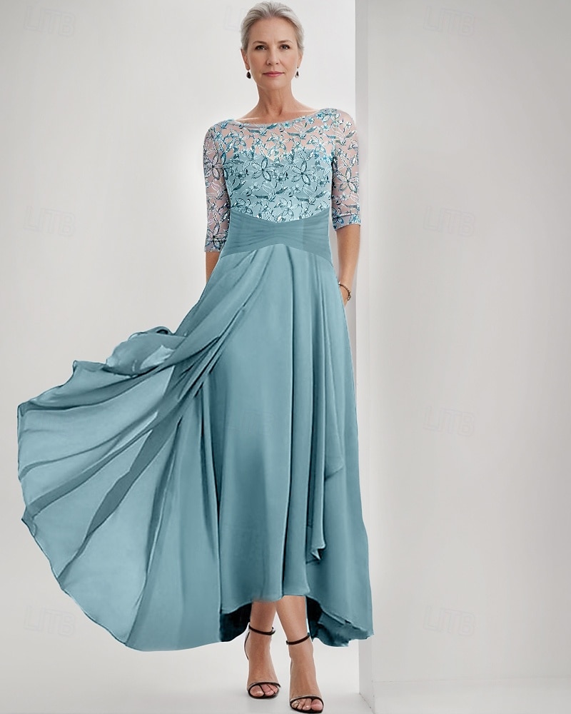Blue Green Embroidered A-Line Dress Mother of the Bride Dress Elegant Jewel Neck Floor Length Chiffon Half Sleeve Wrap Included with Lace Ruffles Tier 2025 - $178.99 –P1