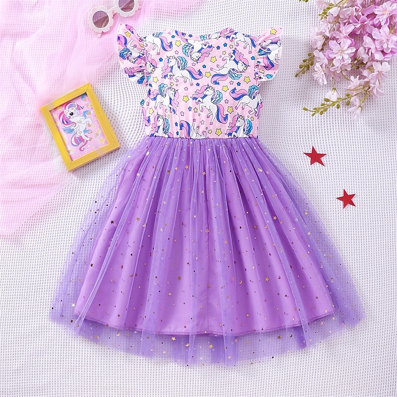 Settimana del libro 2026 Vestito per bambine Unicorno Manica corta Moda casual per esterni Adorabile Abito casual lungo fino al ginocchio in poliestere Abito trapezio Estate 4 anni+ Rosa chiaro Bianco Rosa del 2026 a $17.49 –P9