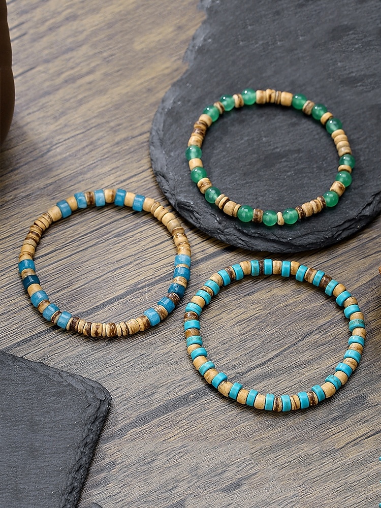 Juego de pulseras de cuentas de piedra natural hechas a mano para hombre: pulsera de madera y turquesa estilo bohemio surfista, joyería tribal ajustable para playa, viajes y ropa informal. 2025 - $9.99 –P6
