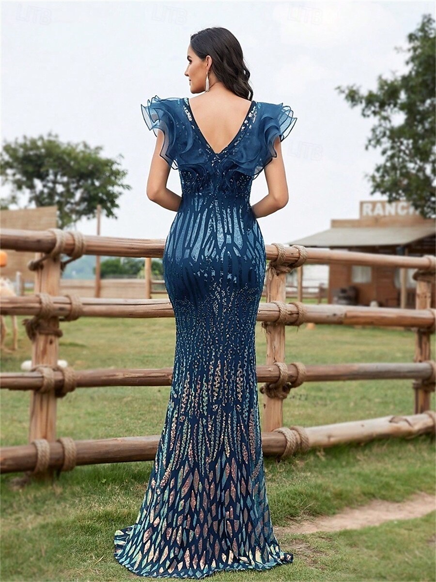 Robe de Quinceanera Sirène  Trompette Élégante Robe Mariage Mariée Invitée Longueur de Sol Sans Manches Col en V Spandex avec Sequins de 2025 ? $118.99 –P20