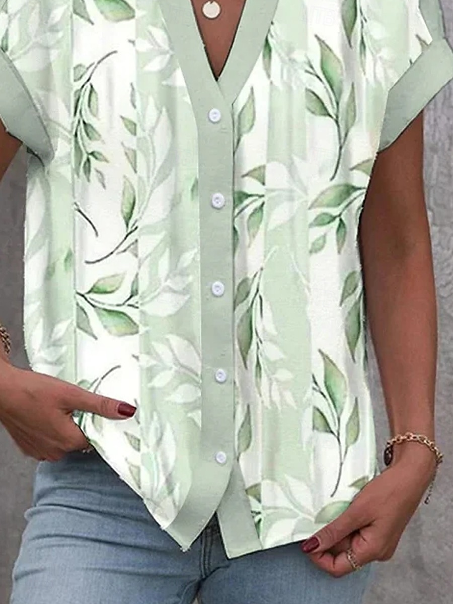 Damen Hemd Sommertops Blumen Graphic Gestreift Täglich Stilvoll Kurzarm Hemdkragen Normale Oberteile Täglich Knopf Bedruckt Hellgrün Sommer Frühling 2025 - $29.99 –P3