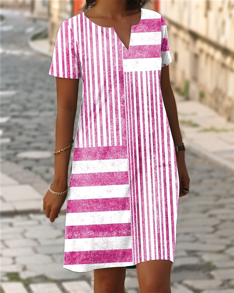 Damen Mini-Kleid Shift Kleid Freizeit Täglich Reguläre Passform Grafik Streifen Kurzarm Eingekerbter Ausschnitt Rosa Blau Grau Sommer Frühling 2025 - $31.99 –P3
