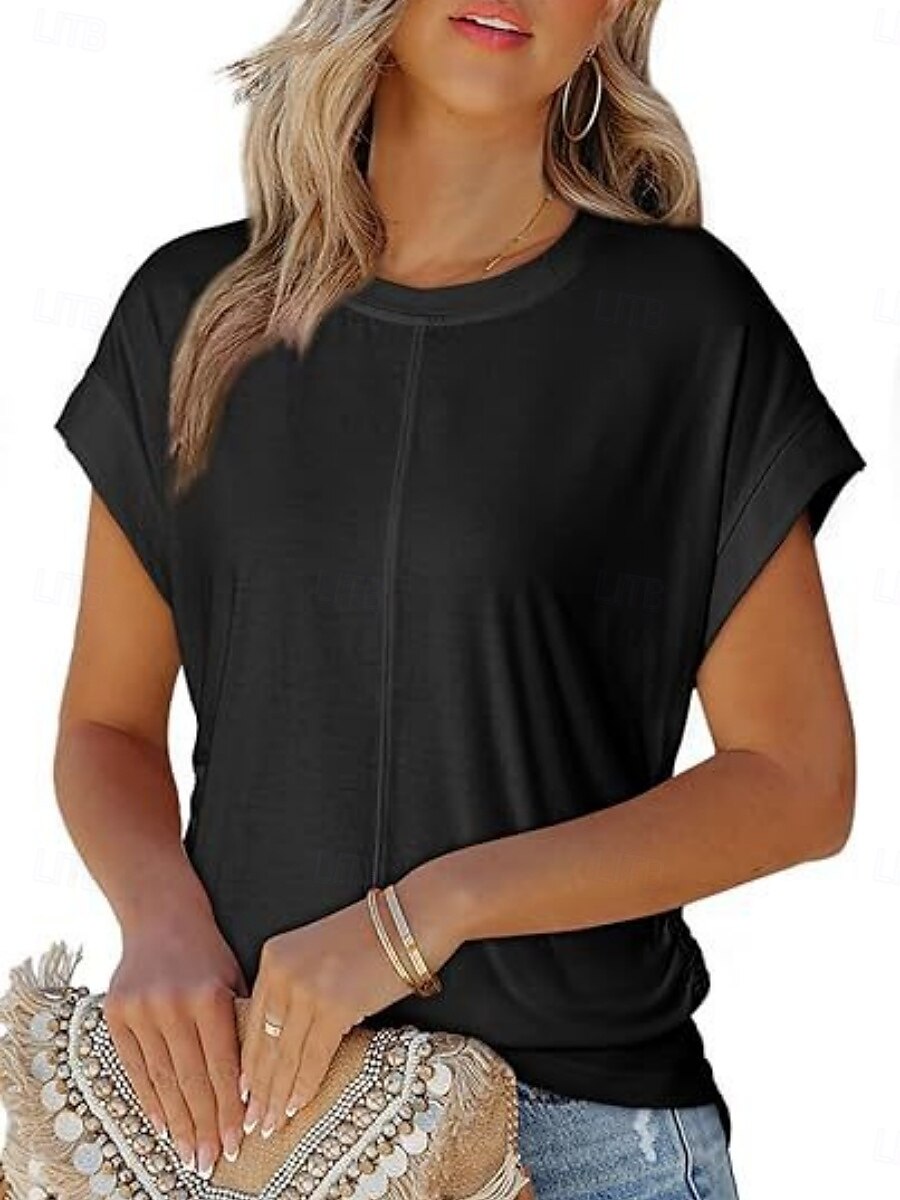 T Shirt Femme Uni Élégant Décontracté Manches Courtes Col Ronde Tops Réguliers Quotidien Noir Blanc Vert Armée Vert Gris Été de 2025 ? $19.99 –P15