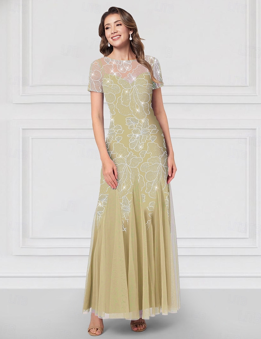 Blue Yellow Beaded A-Line Gown Mother of the Bride Dress Elegant Vintage  Illusion Neck Ankle Length Tulle Short Sleeve with Embroidery Flower 2026 -  171.99