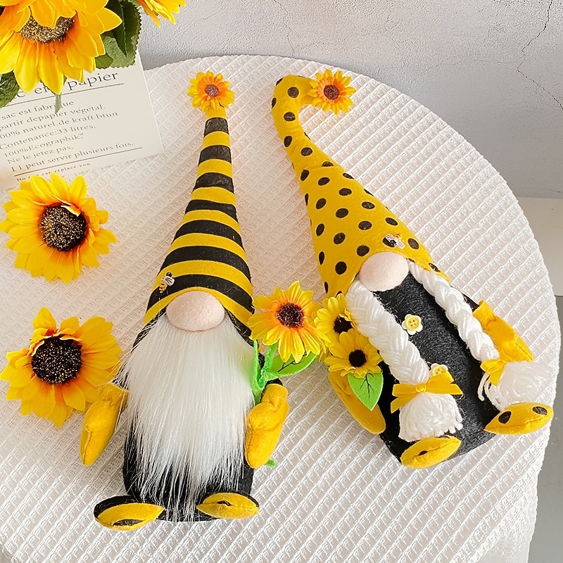 Tag der Biene Gnom Geschenk Dekoration langer Hut Polka Dot &gestreifte gesichtslose Puppe mit Zwerg, süßer Bienenfee und Sonnenblumenpuppenfigur für die Paardekoration 2025 - $6.99 –P1