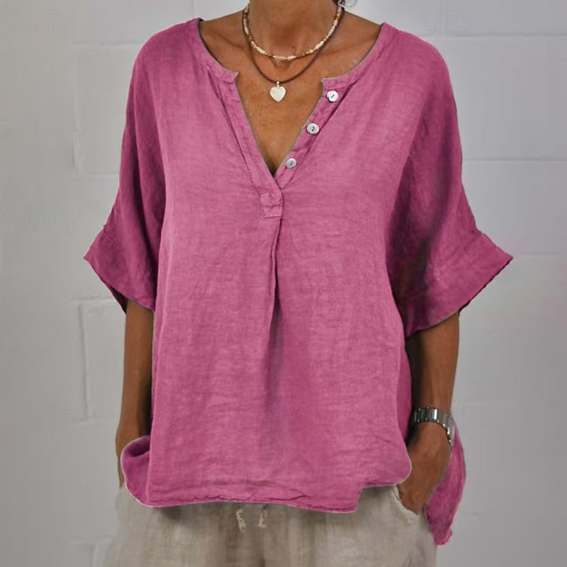 Per donna Camicia Blusa Camicie di cotone e lino Semplice Essenziale Moderno Casual Mezza Manica Scollo a V Top Regolari Quotidiano Ferie Uscire Bottoni Nero Giallo Rosa Grigio Azzurro Estate del 2025 a $22.99 –P3