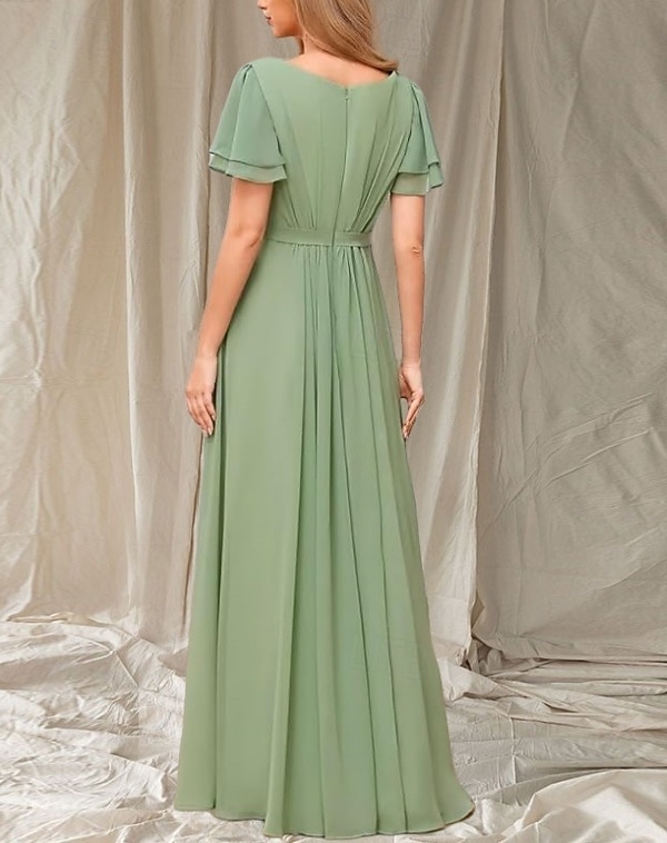 Vestido de dama de honra em linha A, gola redonda, manga curta, elegante, comprimento até o chão, chiffon com faixa / fita / franzido 2025 de 2025 por $152.99 –P2