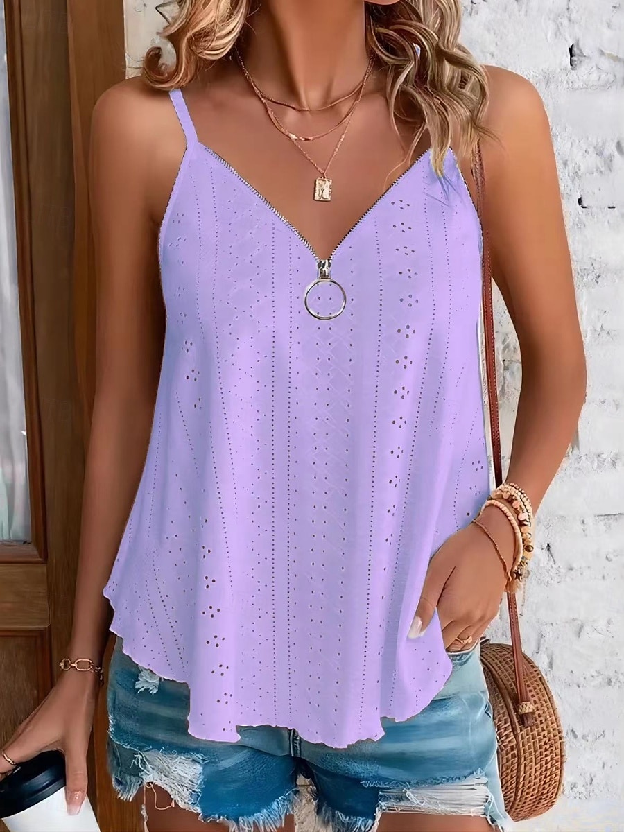 Débardeur en camisole pour femmes couleur solide élégant décontracté sans manches bretelle débardeurs réguliers fermeture éclair œillet blanc jaune rose bleu violet été de 2025 ? $19.99 –P8