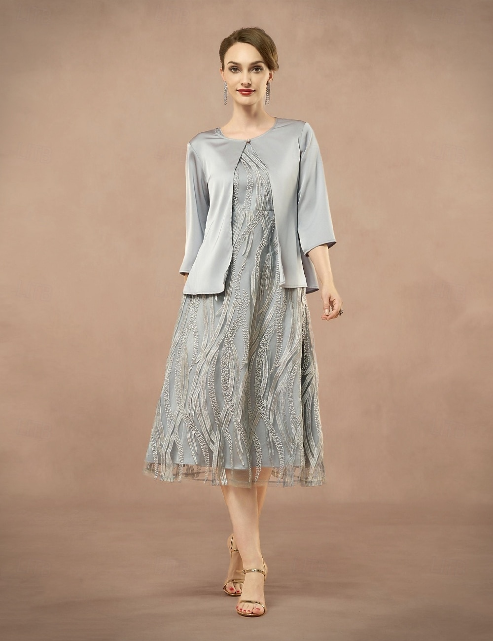 A-Line Mother of the Bride Dress Two Pieces Elegant Jewel Neck Tea Length Lace 3/4 Length Sleeve with Embroidered Lace Applique 2025 2025 - $79.99 –P1