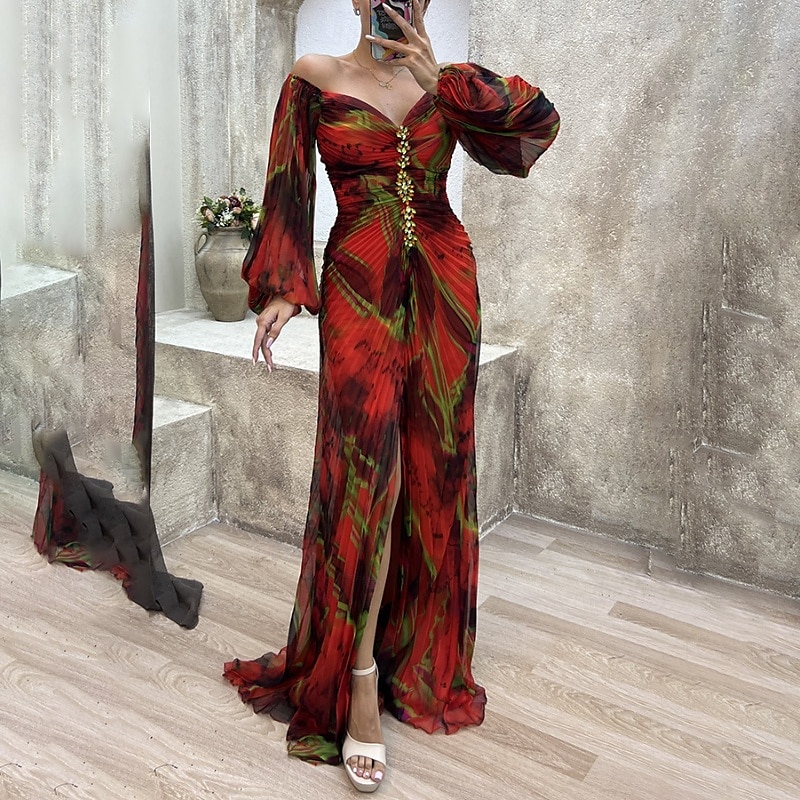 Femme robe longue robe soirée Robe froncée Mode Soirée Standard Fleur manche longue Col V Jaune Vin Bleu Vert Eté de 2025 ? $30.99 –P16